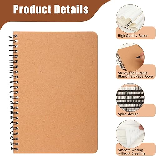 Miniatura 3 de miikoul Paquete de 100 cuadernos A5 con forro en espiral, cubierta de papel Kraft, 8.3 x 5.5 pulgadas, 60 hojas120 páginas, cuadernos a rayas a