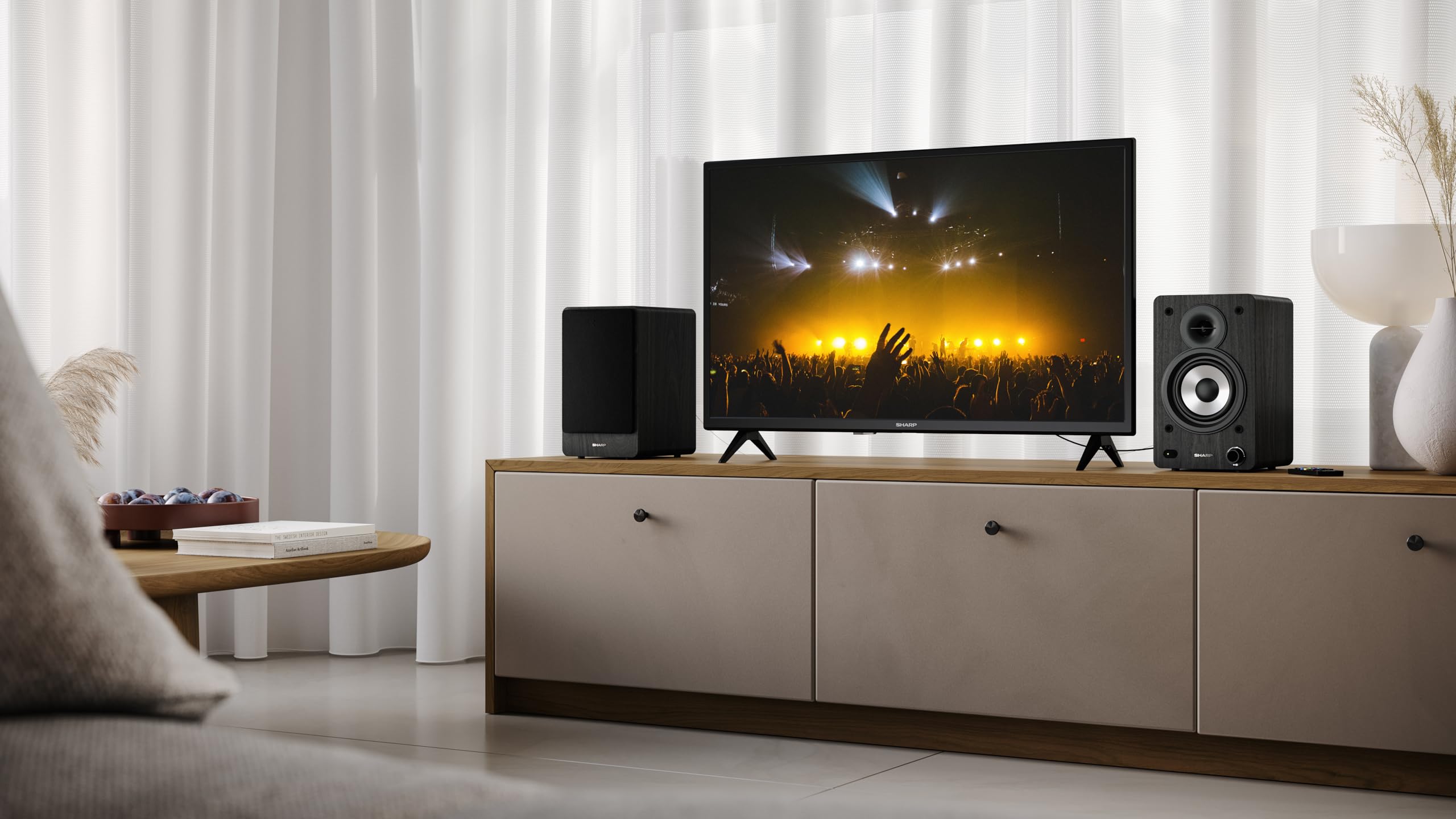 SHARP CP-SS30(BK) 60W RMS (2 x 30W) 2-Wege aktive Regallautsprecher – Kabellose Studiomonitore mit Bluetooth v5.0 Audiostreaming, USB-Wiedergabe, optischem Eingang, AUX- und RCA-Eingang – Schwarz | 60W RMS (2 x 30W), Kabellos, Bluetooth v5.0 Audiostreamin