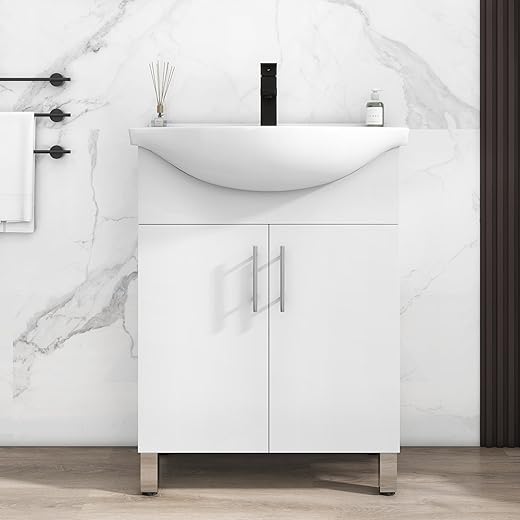 LUCKWIND 24 Inch White Laundry Sink Cabinet Set with Ceramic Belly Bowl Sink and Faucet - Bathroom Vanity Combo, Ceramic Utility Sink for Laundry, Utility Room, Bathroom, Kitchen