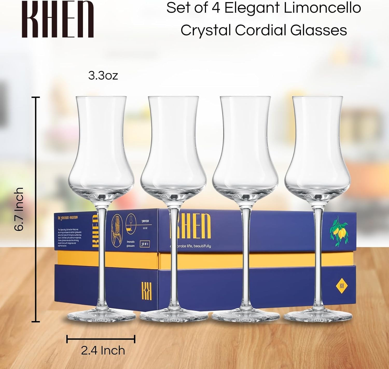 Khen Crystal Limoncello Cordial Glasses | 4 Set | Tall 3.3 oz Long Stemmed Spirit Glassware for Sipping Aromatic Liquor, After Dinner Drink, Digestivem Aperitif, Elegant Cordial Tulip Shaped Stemware