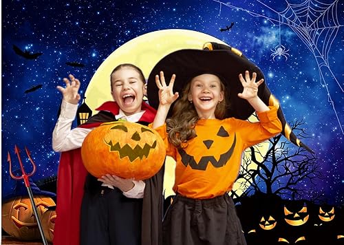 Miniatura 10 de CHAIYA Telón de fondo de Halloween de 8 x 6 pies Jack O'Lantern calabaza linterna naranja noche luna murciélago araña telaraña cementerio fotografía