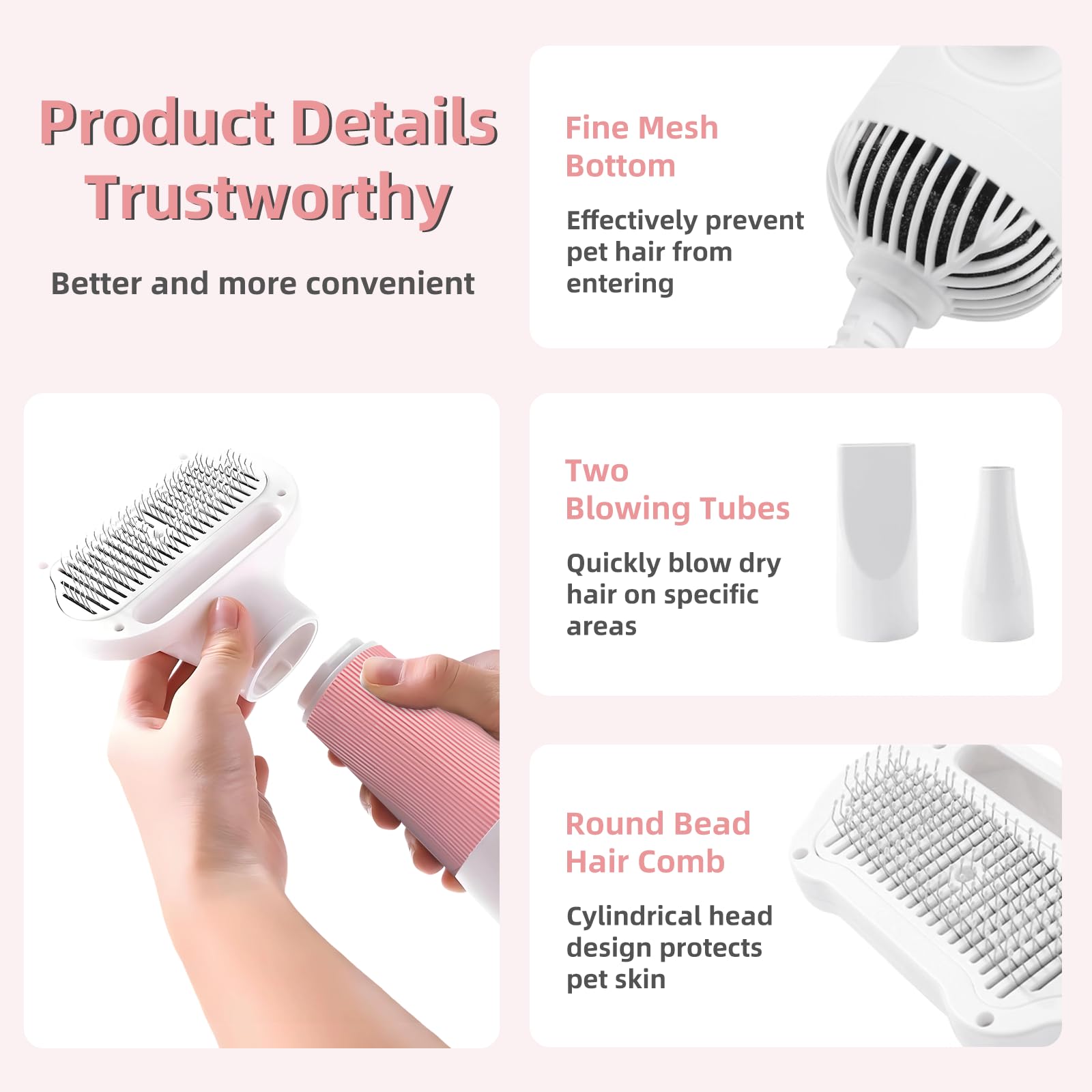 Séchoir de toilettage pour chien avec brosse lissante, séchoir portable professionnel 3 en 1 pour chiens et chats Réglages de température réglables, brosse soufflante pour une utilisation à la