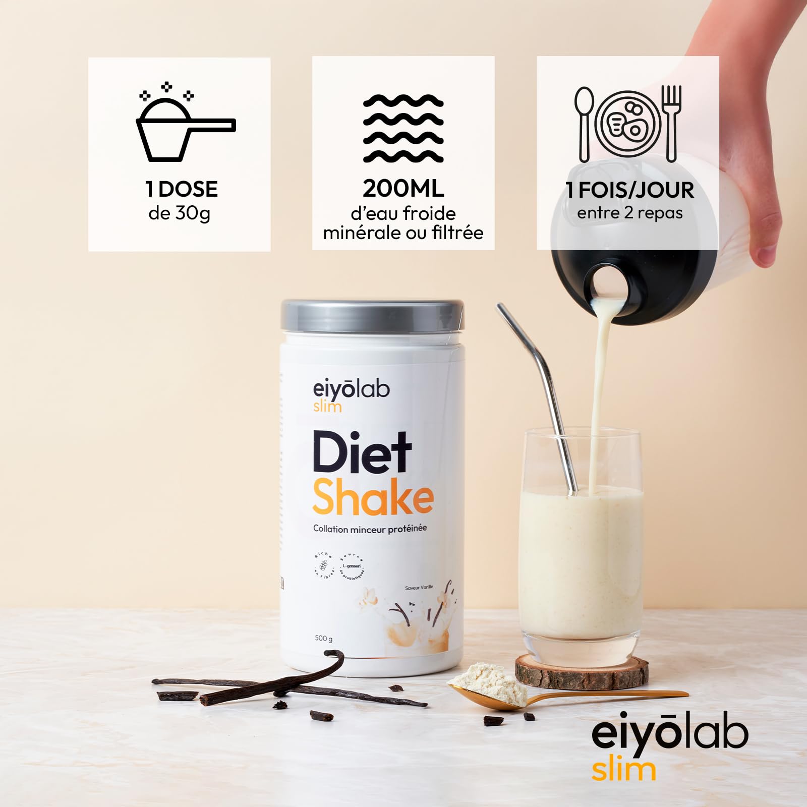 DIET SHAKE | Collation Minceur Protéinée | L-Carnitine pour l’Activation des Graisses | Probiotiques et Psyllium pour la Digestion | Vitamines et Minéraux | Pauvre en Sucres | 500g Vanille | Eiyolab