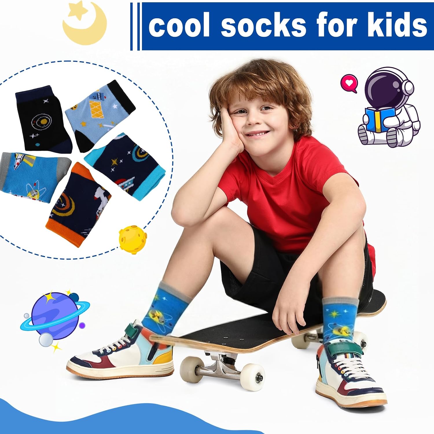 5 Pairs Boys Crew Socks, Cotton Soft Breathable Space Astronaut Kids Novelty Socks for School Daily Wear, Kids Crazy Socks for 6-8 Years