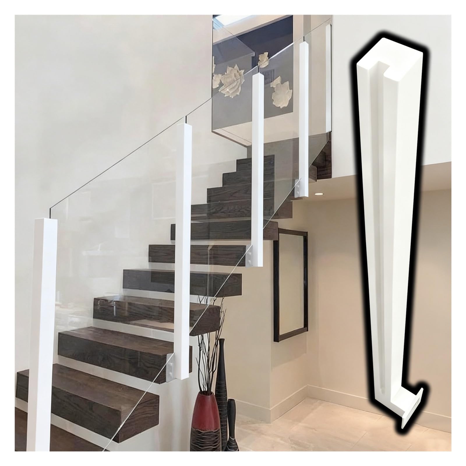 Poteau de garde-corps en verre blanc de 94 cm à fixation latérale pour escalier et terrasse