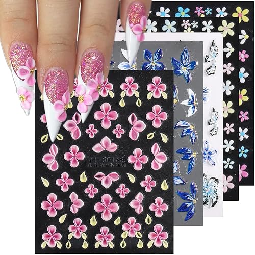 5D Flower Nail Art Stickers 5Pcs Embossed Pink Blue Floral