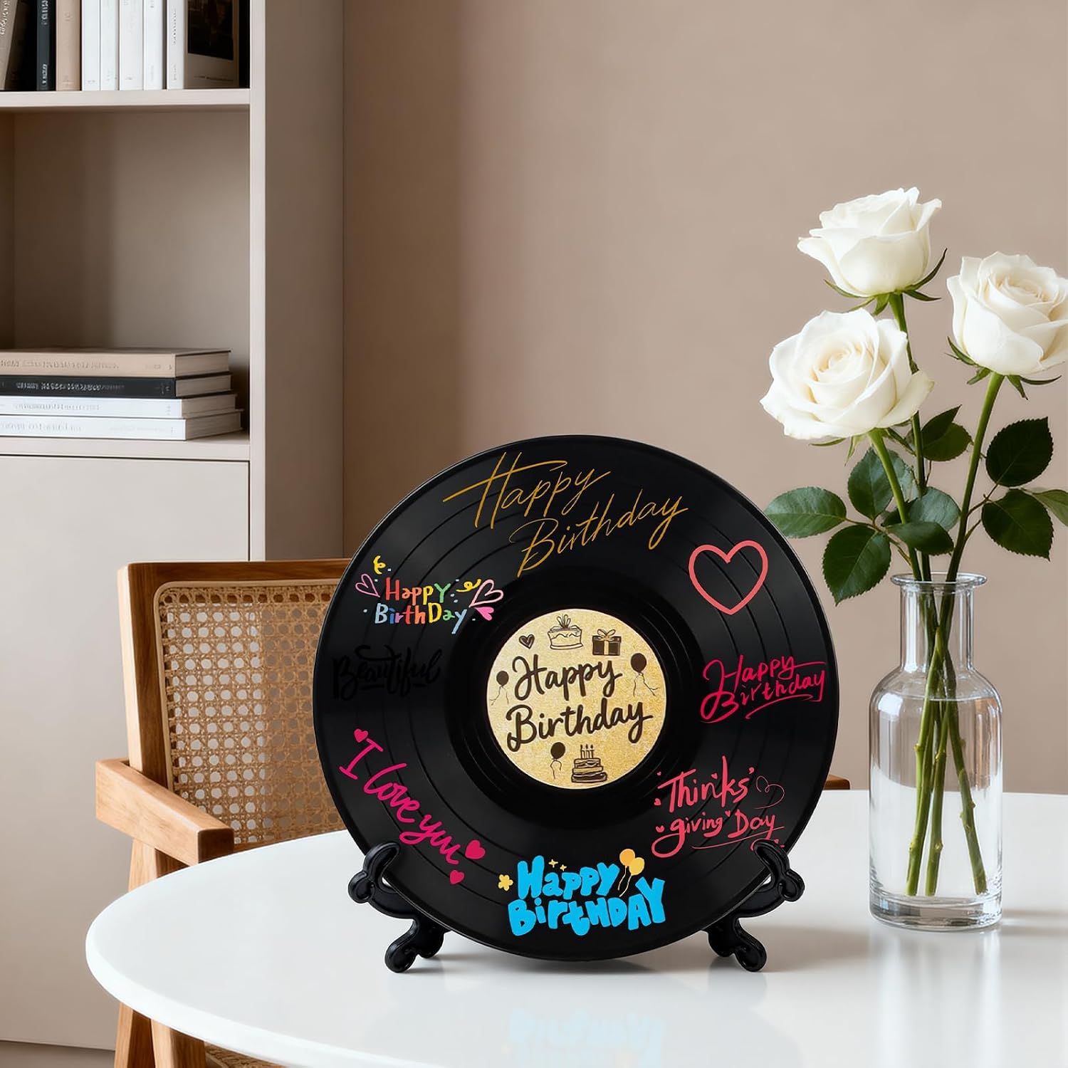 14Pcs Vinyl Record Guest Book, Birthday Party Sign Poster 11.6 x 11.6 inch with 12 Pens and Display, Retro Music Theme Guest Book for Birthday Decorations, Friends Celebration Party Memories