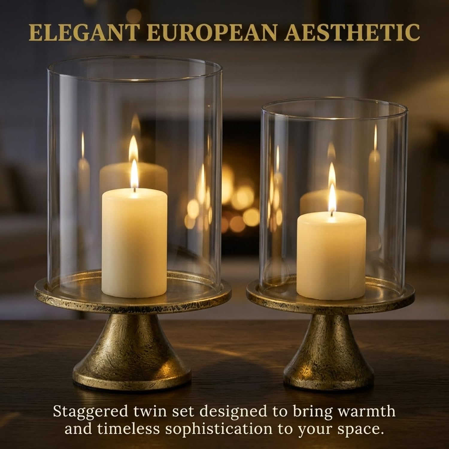 2PCS Hurricane Glass Candle Holders with Gold Metal Base, Elegant Decorative Pillar Candle Holders with Windproof Glass Shield for Wedding Centerpiece, Home Decor, Dining Table, Living Room