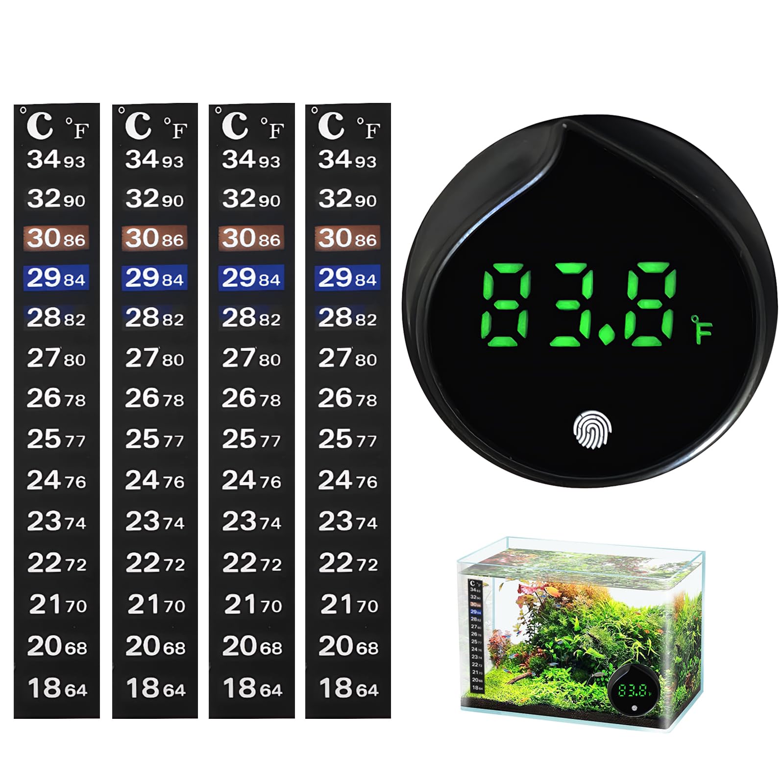 Fish Tank Thermometer Tropical with 4 Pcs Temperature Strips, Aquarium Thermometer, LED Energy Saving Adhesive Fish Tank Accessories for Fishes, Reptile, Tank Aquarium (Display ±1℃/±2°F)