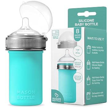Mason Bottle 8oz Silicone Baby Bottle with Medium Flow Nipple 3+ Months Breastfeeding Bottle, Reusable Silicone Squeeze Pouch BPA & BPS-Free, Non-Toxic, Made in USA Teal