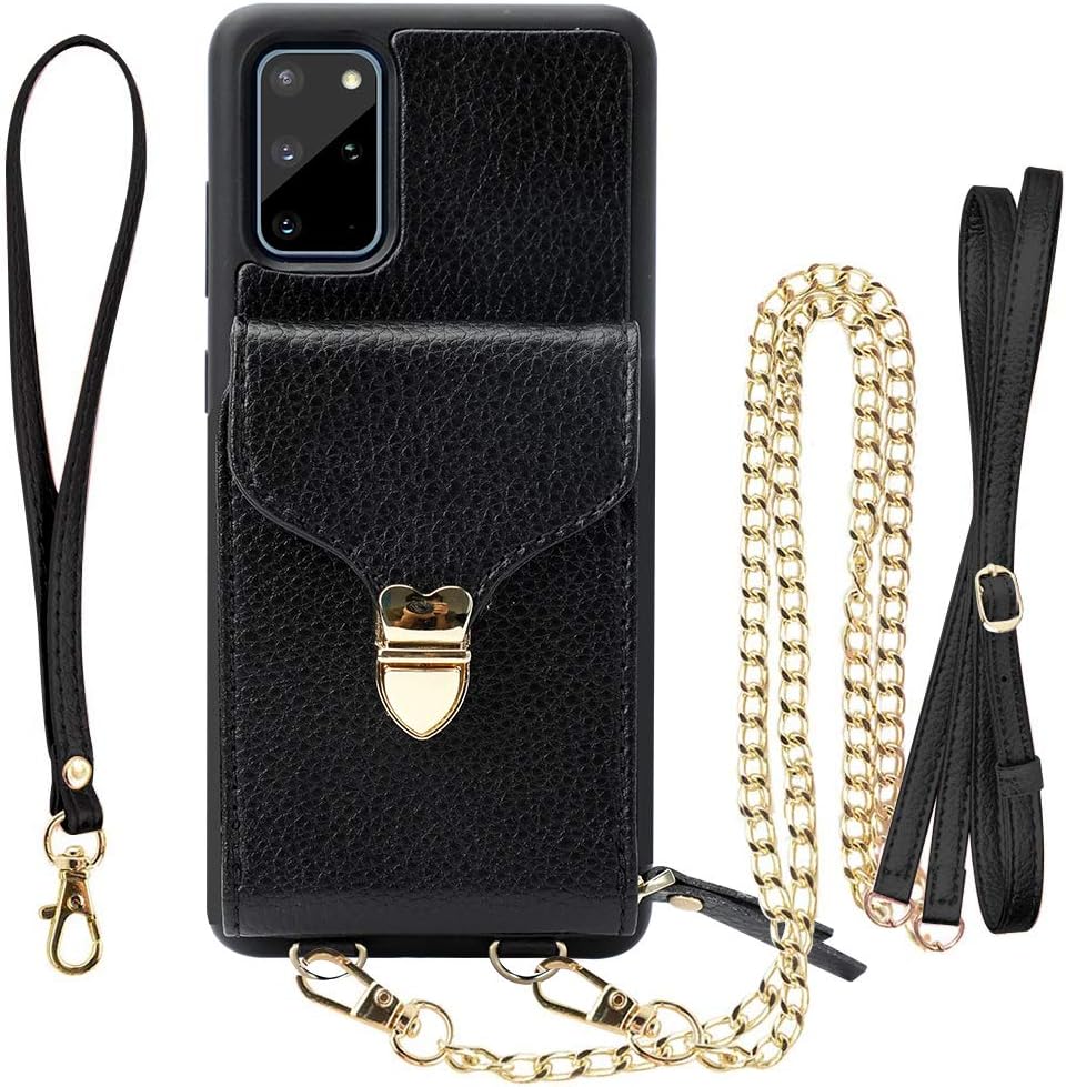 JLFCH Galaxy S20+ Wallet Case, Wallet Case for Samsung Galaxy S20+ 5G Plus Ultra Crossbody Chain Case with Card Slot Holder Wrist Strap Zipper Closure Protective. S20+ Plus 6.7 inch - Black
