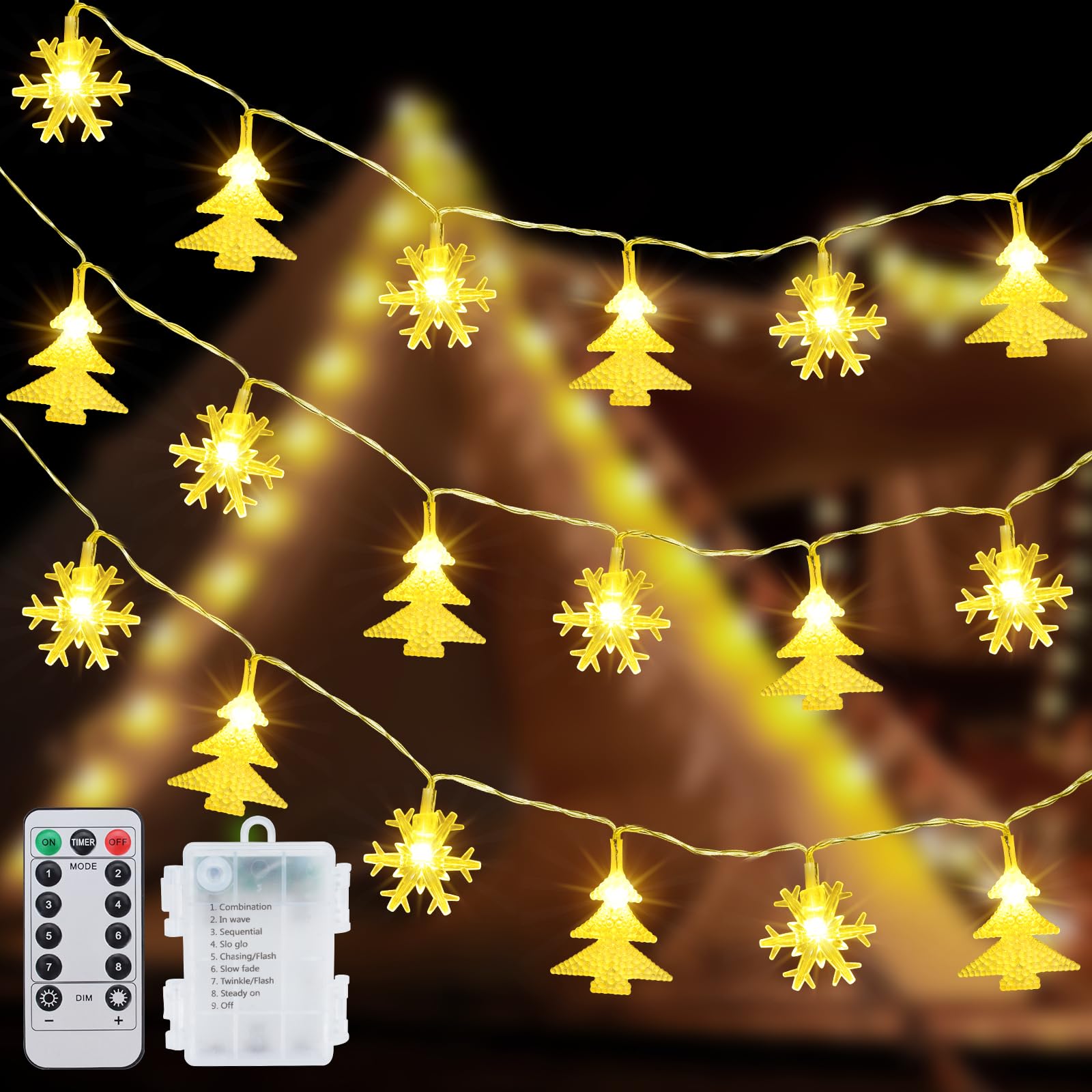 Qoosea String Lights with Snowflake Christmas Tree 40LED Fairy Lights Battery Operated Waterproof 8 Modes Christmas Lights Indoor Outdoor Fairy String Light with Remote for Garden Patio Yard Decor