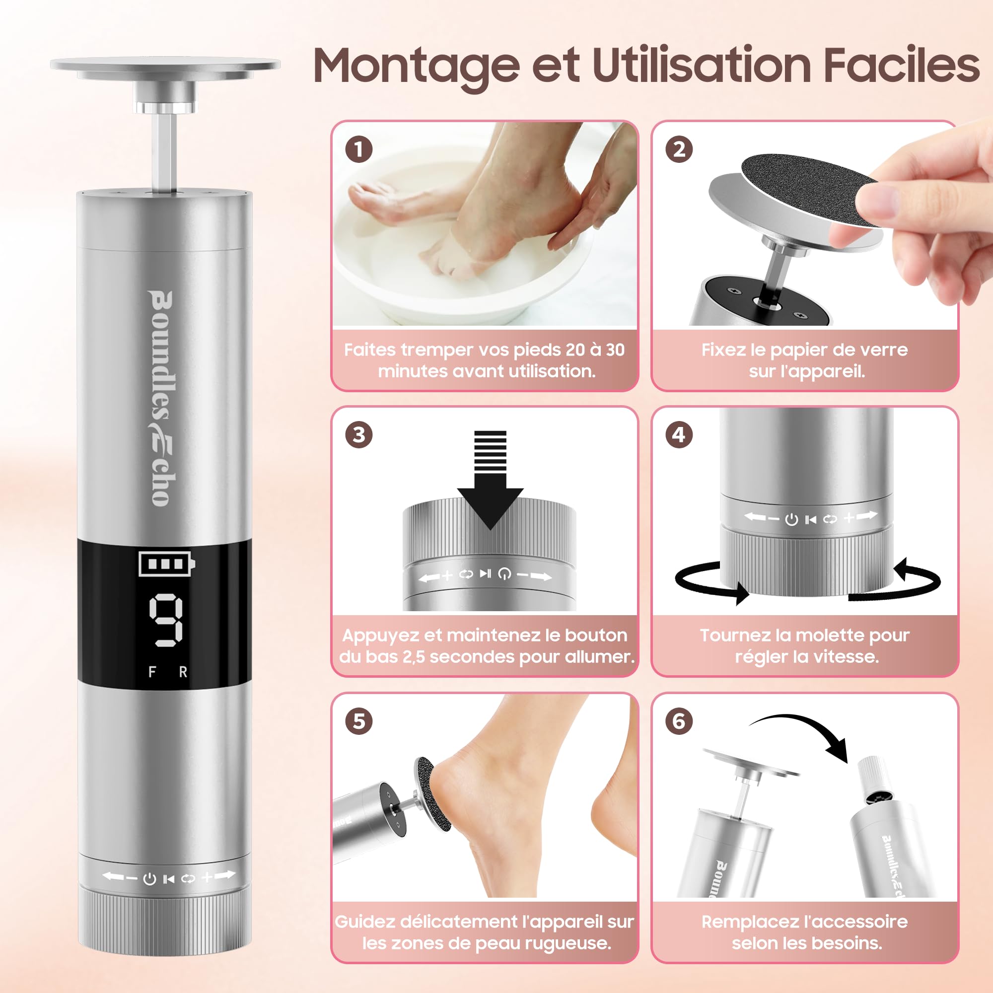 Éliminateur électrique de callosités et lime à ongles - Ensemble de pédicure rechargeable 2 en 1 avec 9 vitesses, affichage, 30 tampons abrasifs pour peau morte dure/callosités/talons