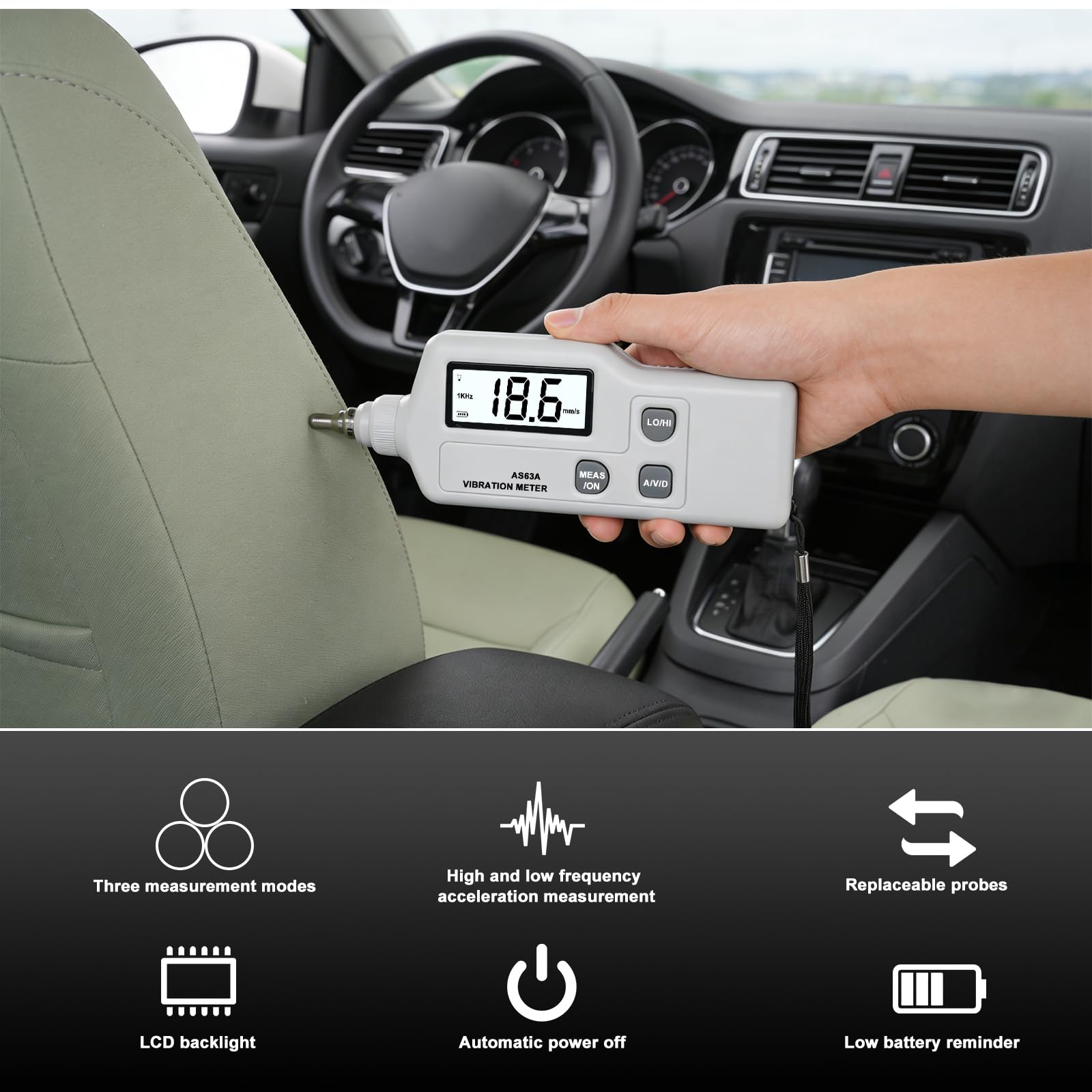 AS63A Misuratore di Vibrazioni Digitale, Analizzatore di Vibrazioni con Display LCD, misura di accelerazione velocità e spostamento, con sonda ad alta precisione
