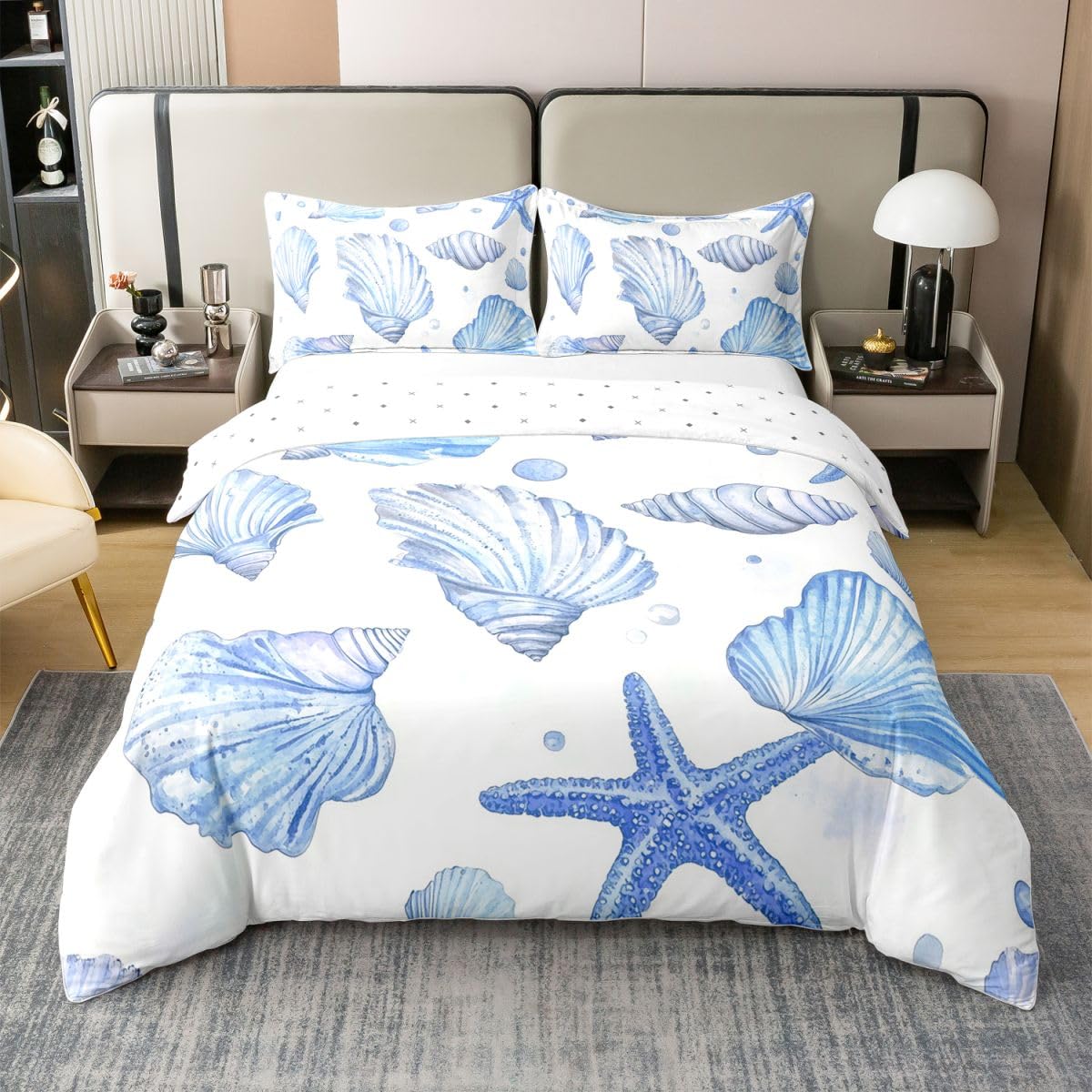 Housse de couette 200x200 littoral en coton blanc et bleu avec taies d'oreiller