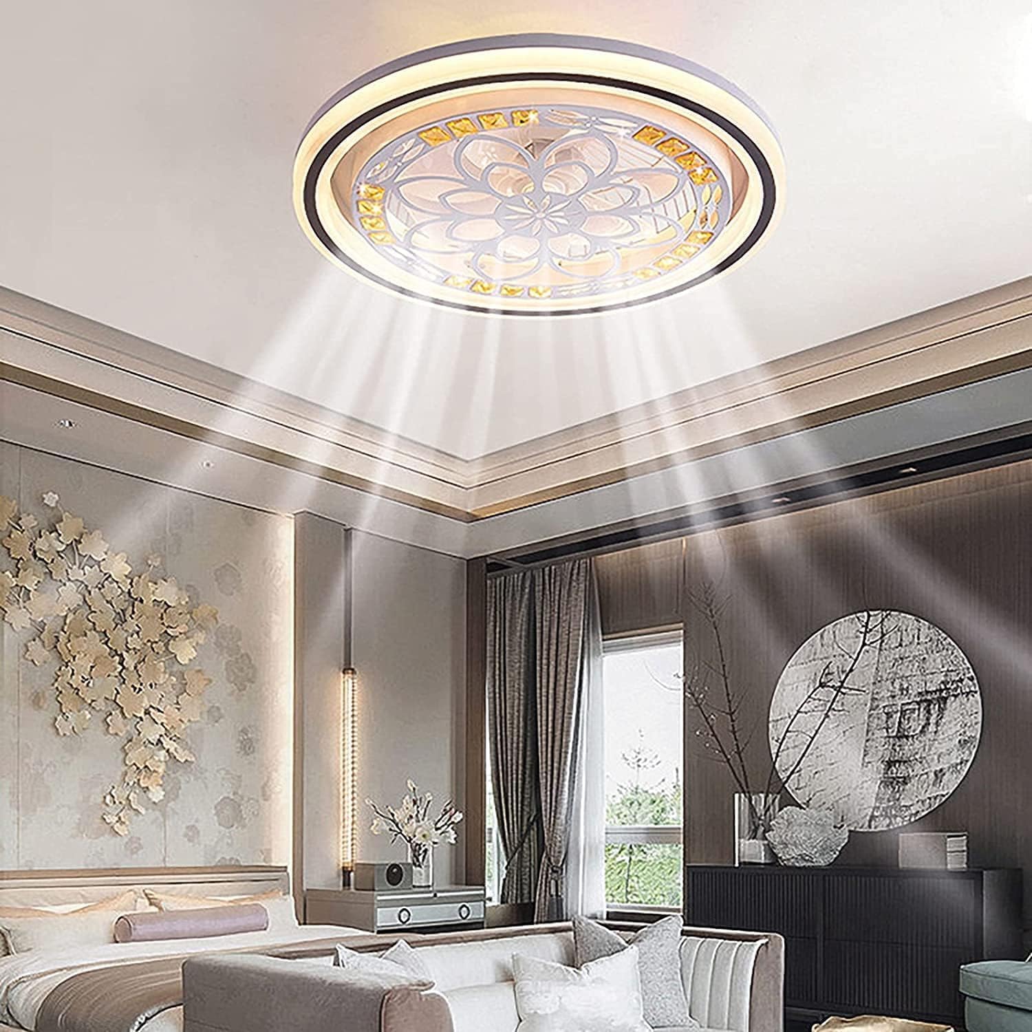 Modern LED Enclosed Ceiling Fan Light Remote Control 36W Flush Mount Ceiling Lamp Fan 3 Speed Fan Chandelier Modern Pendant Light Dome Ceiling Light Dimmable Fitting for Bedroom Living Room