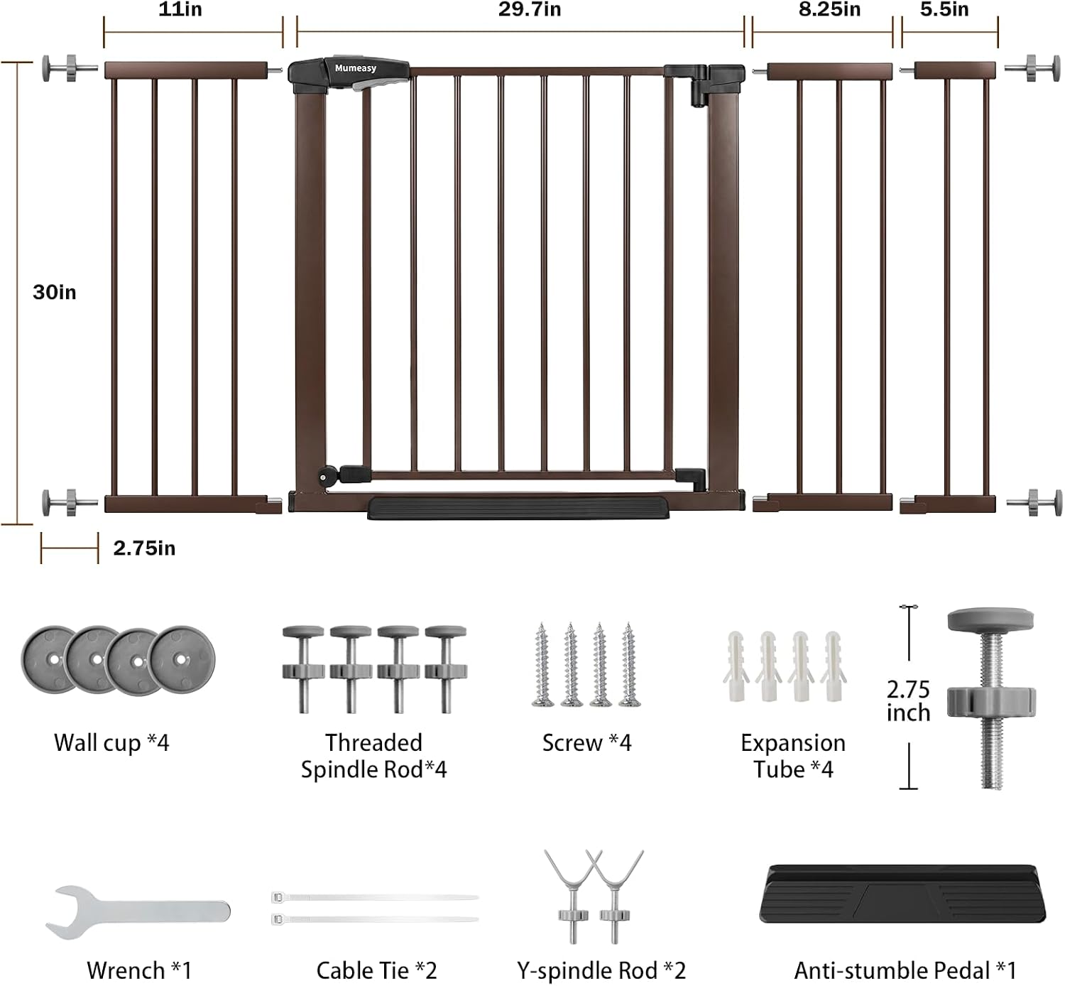 Mumeasy 29.7-57" Extra Wide Baby Gate, Auto Close Large Dog Gate for Doorways, No Drilling Pressure Mounted Pet Safety Gate for Stairs, Easy Walk Through Child Gate for Hallways, House, Indoor, Brown image 2