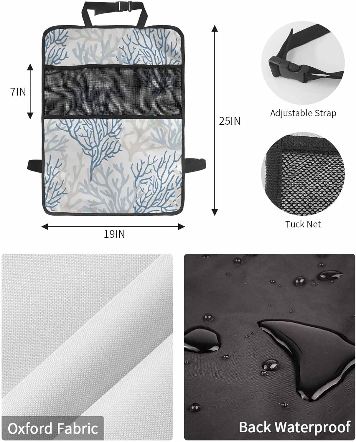 T&H XHome Car Seat Protector, 2 Pack Kick Mats with Organizer - 3 Pocket Storage, Summer Ocean Blue Grey Coral Back Seat Cover for Kids Universal Fit Automotive Interior Protectors