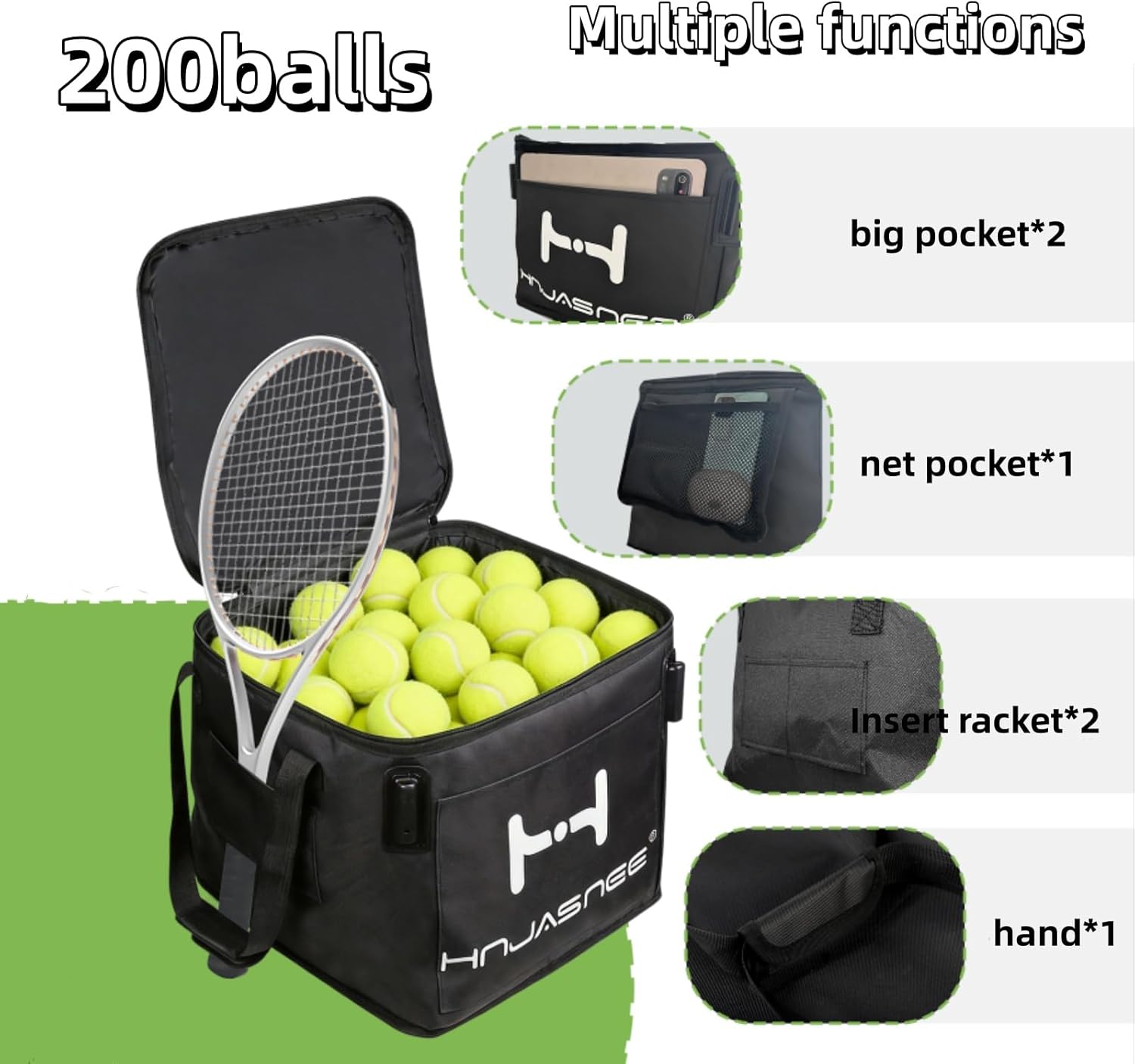 Foldable Adjustable Tennis Ball Hopper, Large Capacity Basket Holds 200 Balls, Upgraded Pickleball Caddy with Multifunction Pockets and Wheels for Training and Teaching