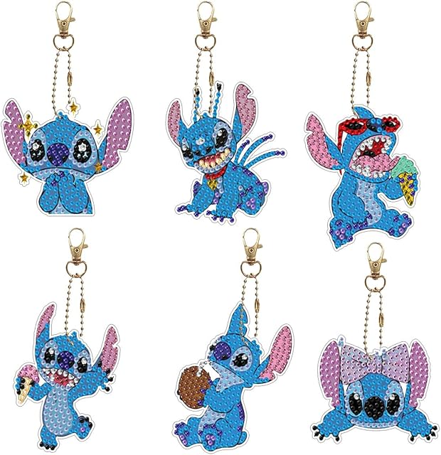 Stitch 5D Diamond Painting Keychain 6Pcs DIY Art Craft Stitch Painting with Diamonds Painting Keyring Keychain Gift for Women Girls Bag Purse Handbag Key Chain