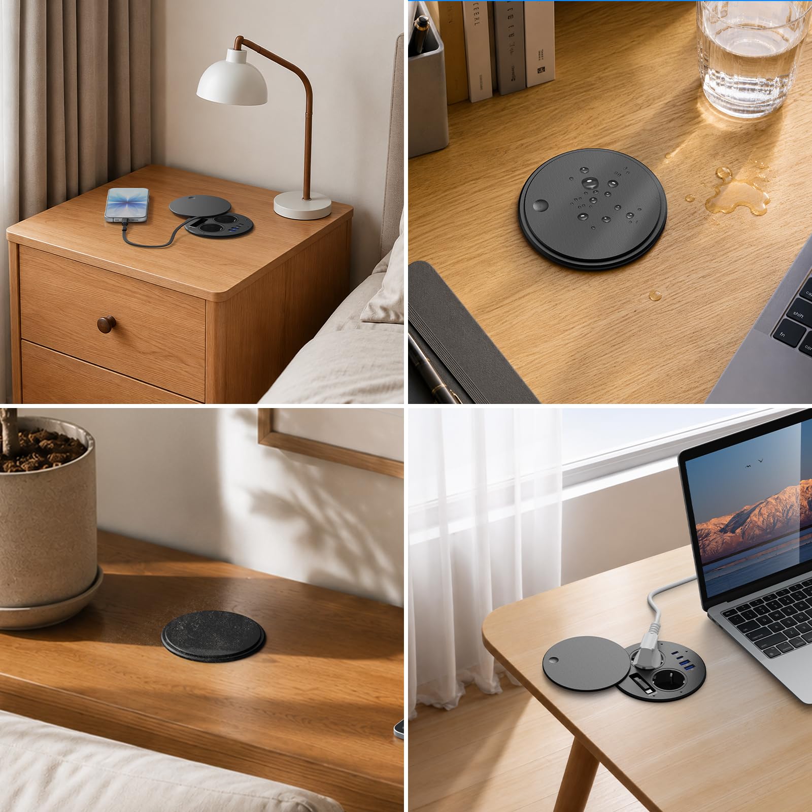Enchufe empotrable USB-C PD 35W con Cable USB-C retráctil, Ø100 mm | Regleta empotrable con 3 salidas USB-C hasta 35W, 2 tomas, 2 USB-A 18W, tapa giratoria antipolvo, escritorio y encimera