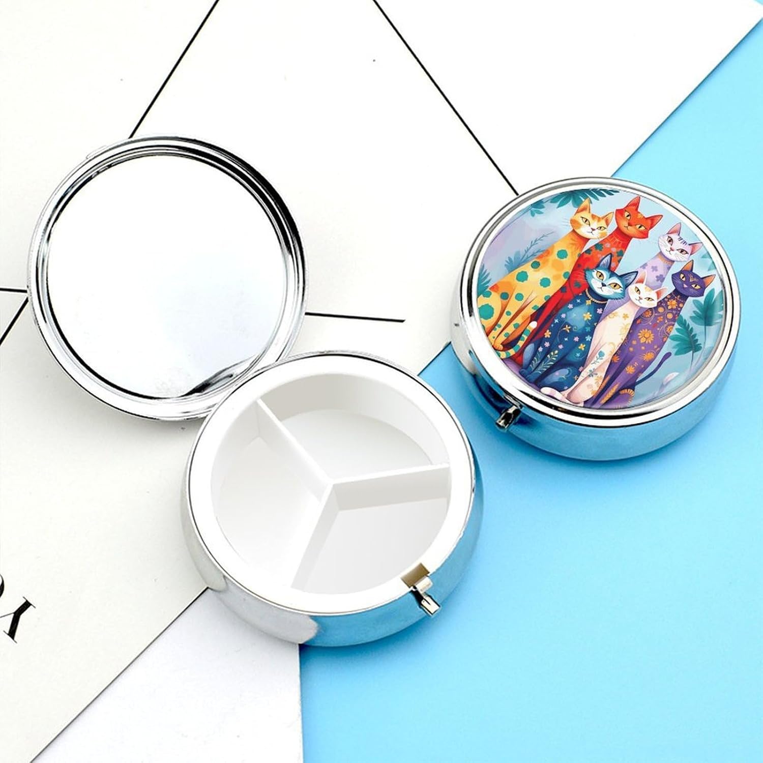 Cats Round Pill Box with 3 Compartments & Mirror image 3