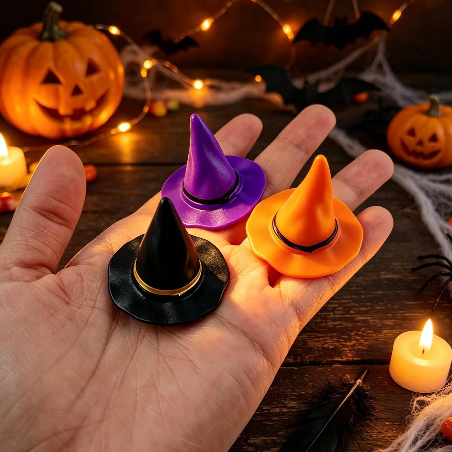 GXXMEI 27PCS Mini Witch Hats for Crafts Small Halloween Plastic Tiny Witch Hats Bulk for Halloween DIY Wizard Party(Black, Purple and Orange)