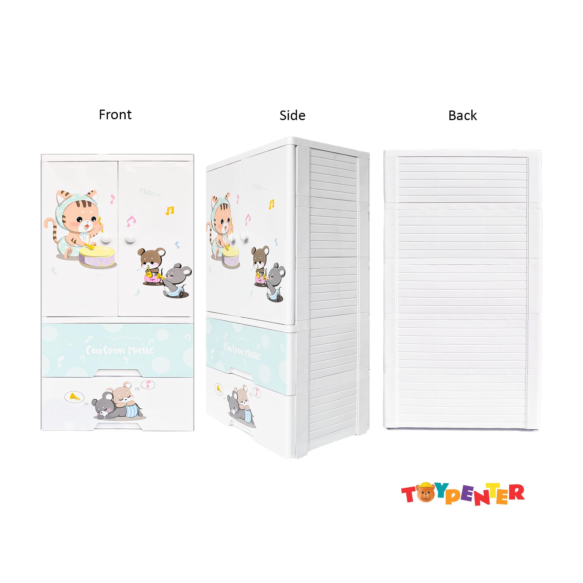 TOYPENTER Pp, Plastic Collapsible Kids Clothing Wardrobe | Cupboard for Bedroom | Almirah for Kids | Waterproof & Multipurpose Baby Storage with 3 Adjustable Drawers (Cartoon Music_2D) 3