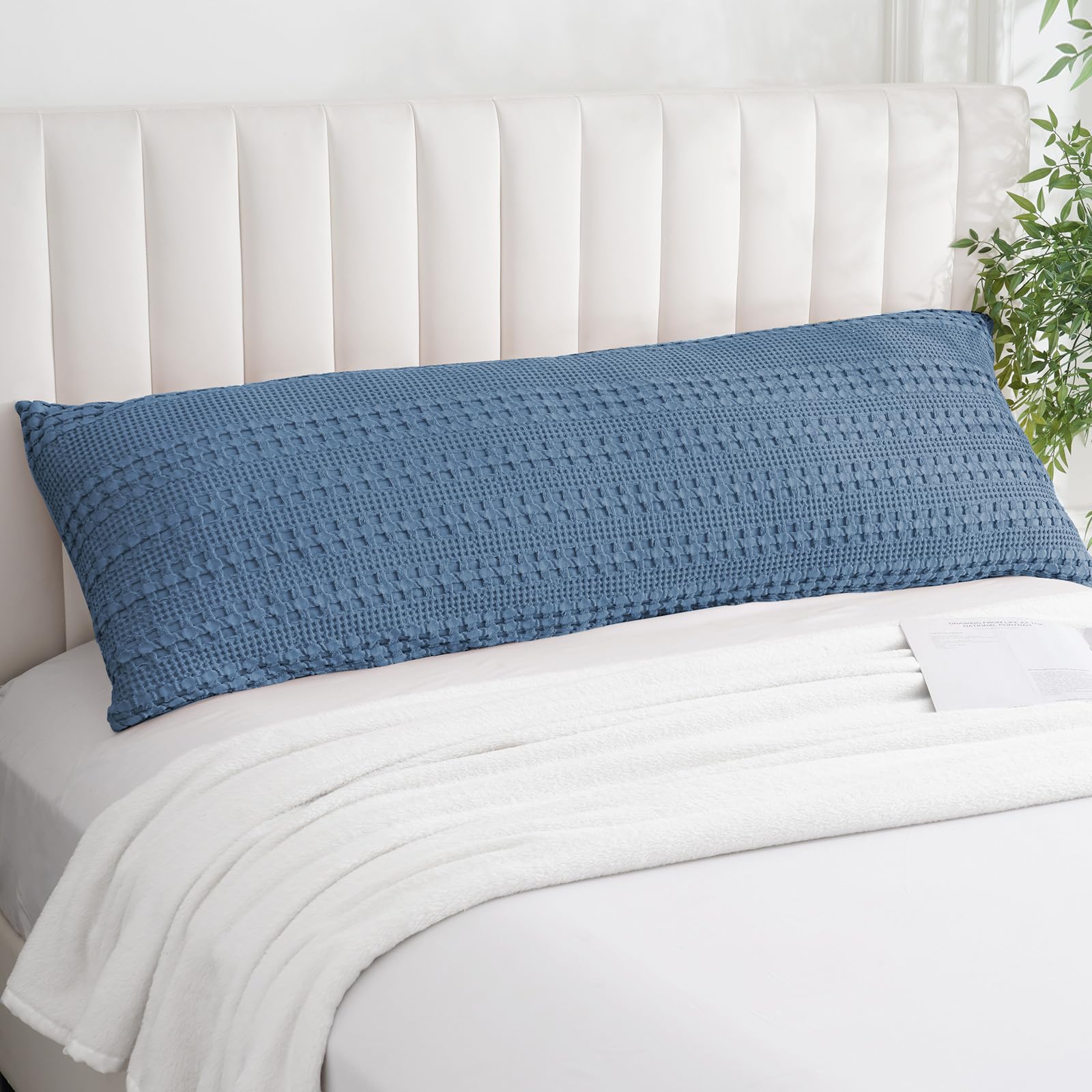 phf 100% cotton waffle body pillowcase with zipper, 1 pack 20" x 54" soft skin-friendly pillow sham, no filling, aesthetic woven and breathable waffle weave body pillow cover for bed, denim blue