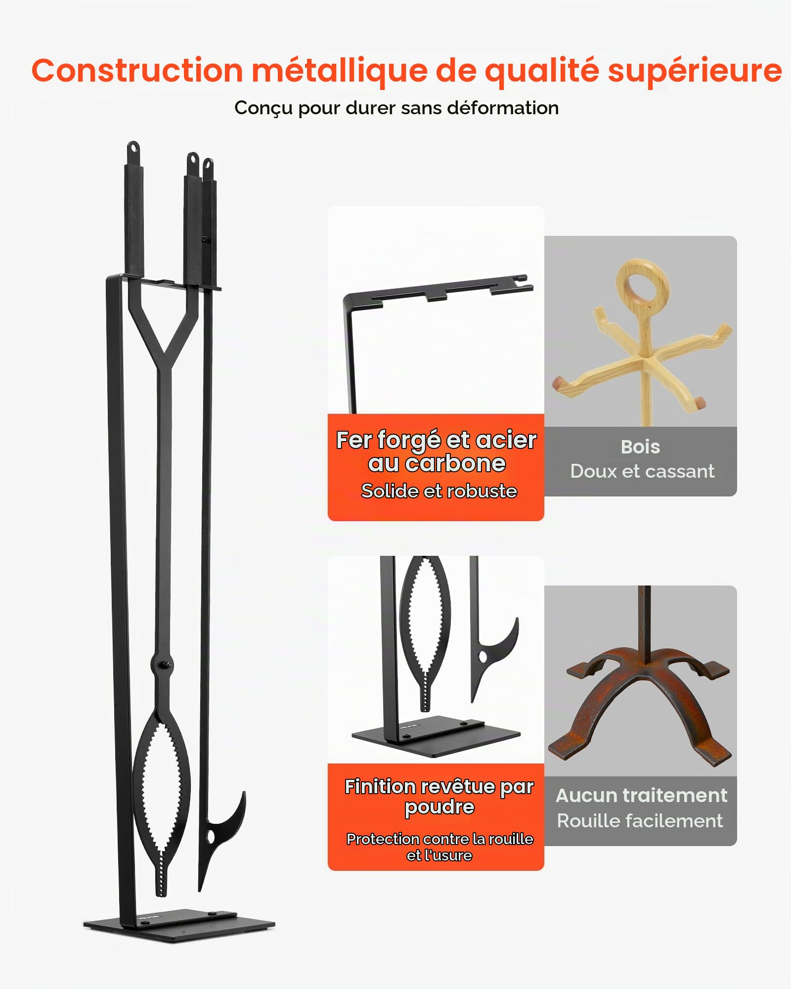 VEVOR Ensemble d'outils de cheminée, 3 pièces, ensemble serviteur de cheminée avec support, pince, tisonnier, en fer forgé, pour feu de camp, feu de joie dans le jardin, intérieur/extérieur, noir