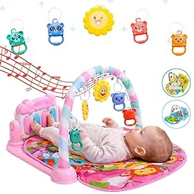 Tapete de Atividades Musical com Piano para Bebê, Arco de Brinquedos Interativos, Estampado e Cores Vibrantes (Rosa)