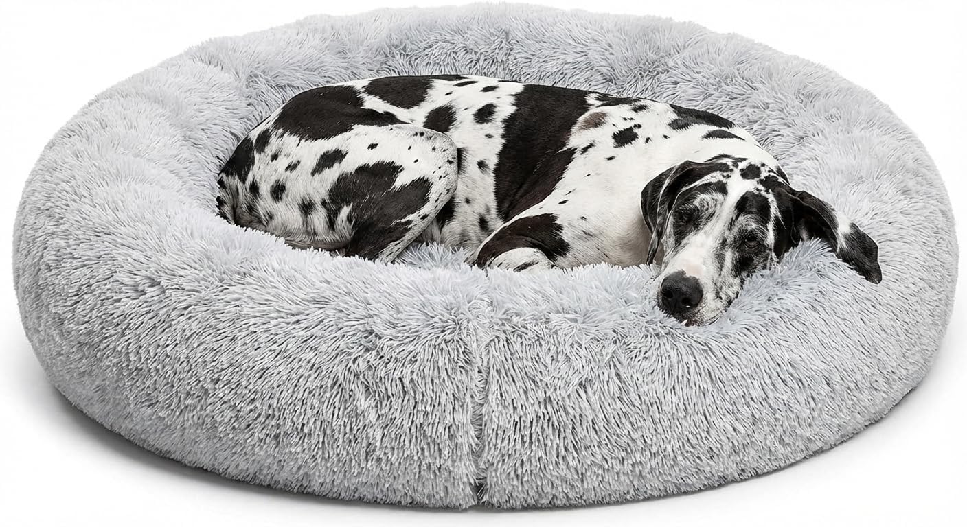 Active Pets Premium Large Donut Dog Bed, Fits Up to 100 lbs, Removable Cover & Washable Cushion, Plush Long Pile Faux Fur Fabric, Portable Dark Grey Pet Bed Furniture for Big Adult Canines & Cats