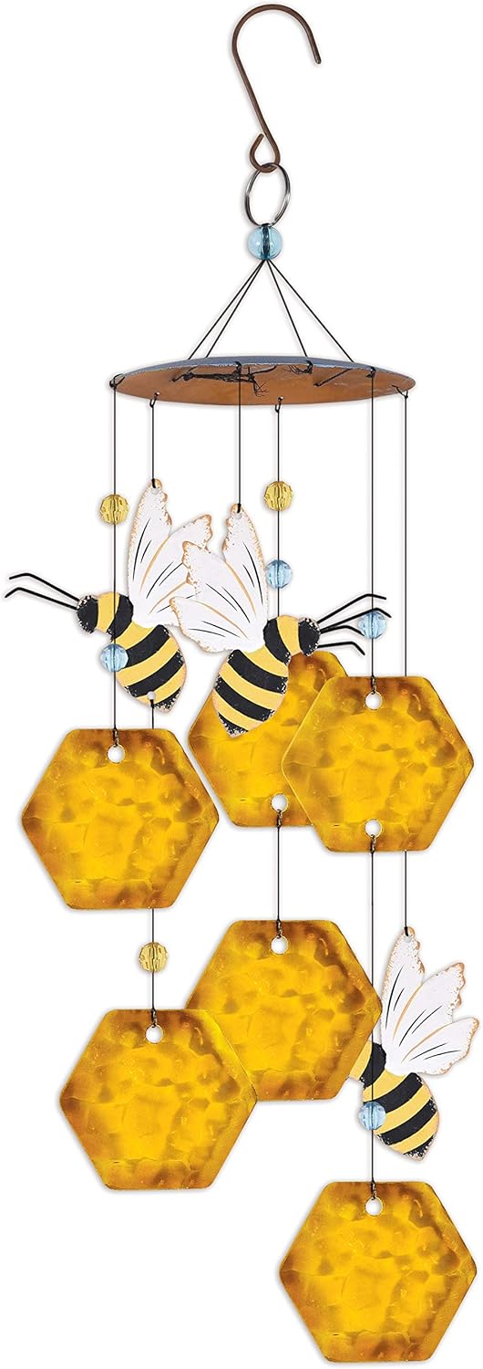 Honeybee and Honeycomb Painted Metal and Glass Wind Chime
