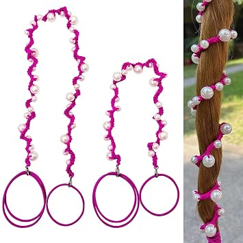 DAOSUN Cute Pearl Hair Ties for Women Hand Braided Sport Ponytail Holders Long Pony Tail Wrap for Workouts, Daily Use, Beach,Swim,Surf,Diving Tangle Free Hair Accessories -2 Packs,Hot Pink