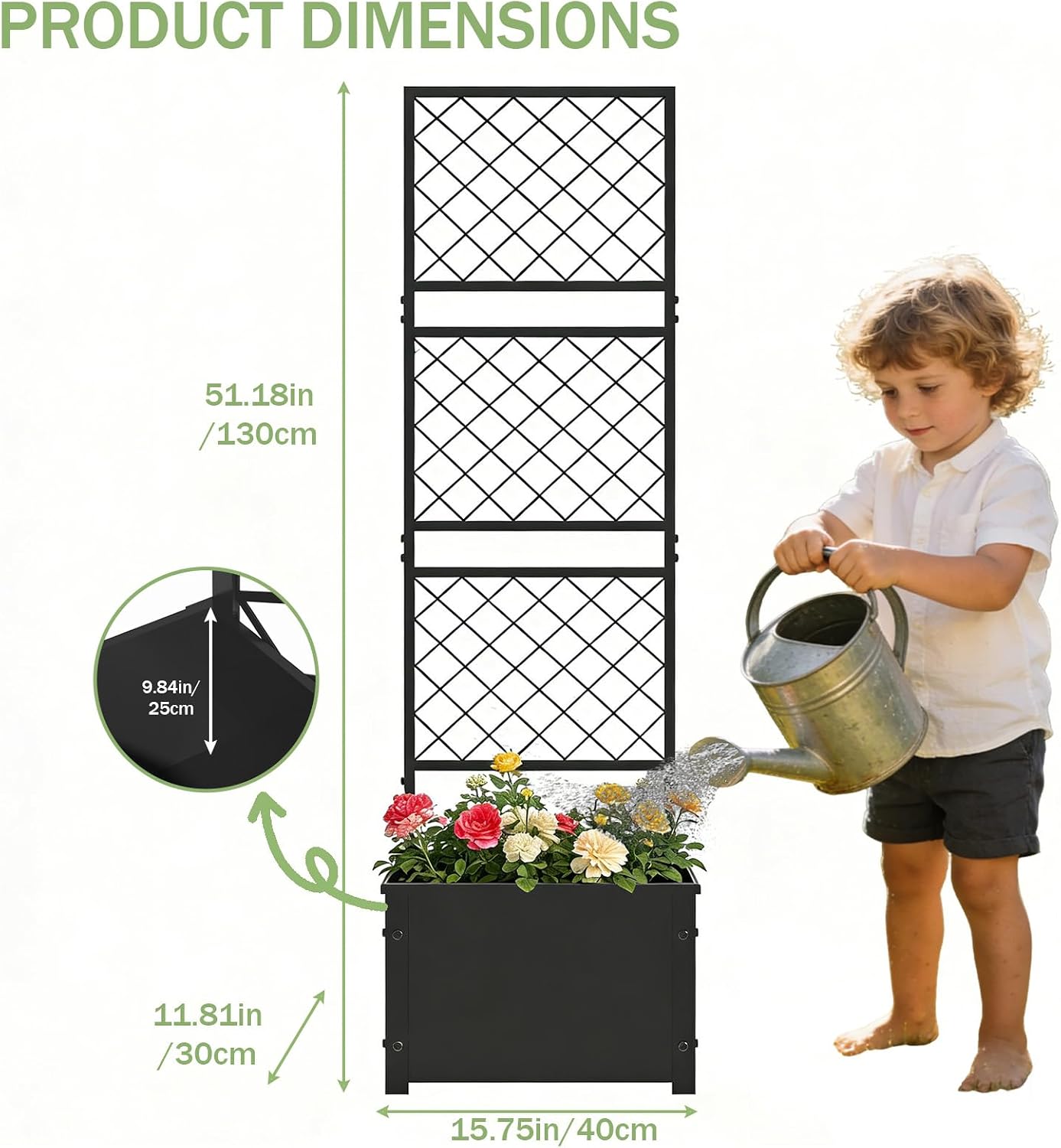 aboxoo 52 inch Planter Raised Garden Bed with Trellis Outdoor Metal Small Planter Box Elevated Garden Bed for Vegetables Flower Herb Patio(Black)