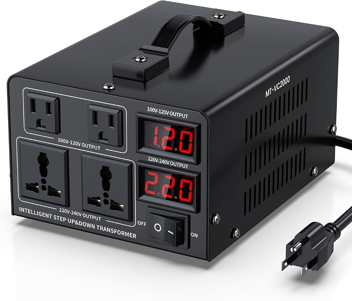 Transformador convertidor de voltaje de 2000 W (110 V a 220 V o 220 V a 110 V) Convertidor reductor/reductor de 110/120 V - 220/240 V con cable de alimentación estadounidense, protección de disyuntor, pantalla LCD