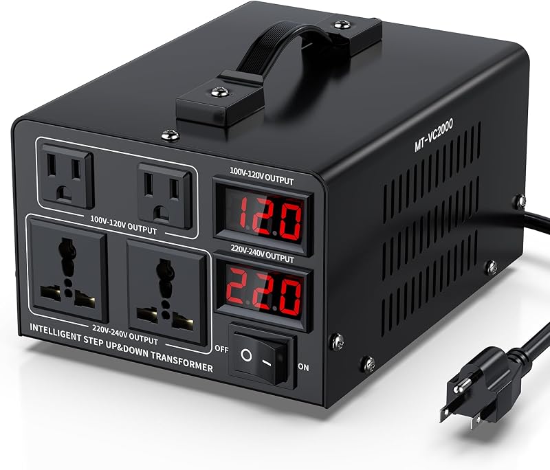 Transformador convertidor de voltaje de 2000 W (110 V a 220 V o 220 V a 110 V) Convertidor reductor/reductor de 110/120 V - 220/240 V con cable de alimentación estadounidense, protección de disyuntor, pantalla LCD