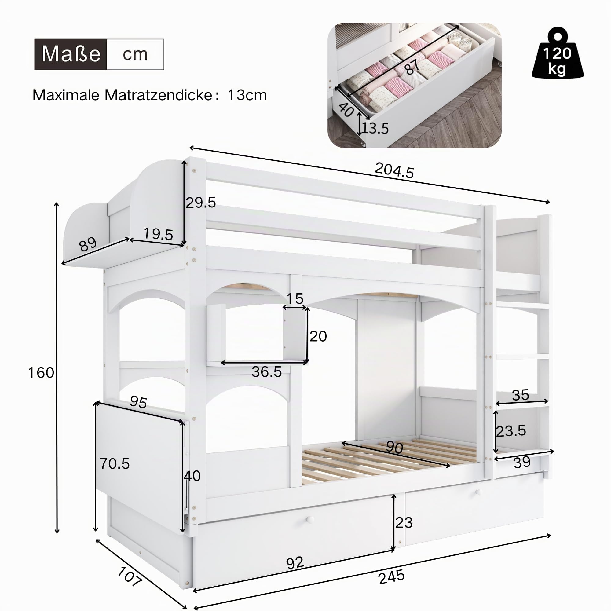 Kinderbett Etagenbett 90x200, Hochbett für 2 Kinder, Hausbett mit 2 Schubladen&klappbarem Schreibtisch&Regal&Leiter, Doppelbett Holzbett mit Lattenrost&Rausfallschutz, Massivholz, Ohne Matratze, Weiß