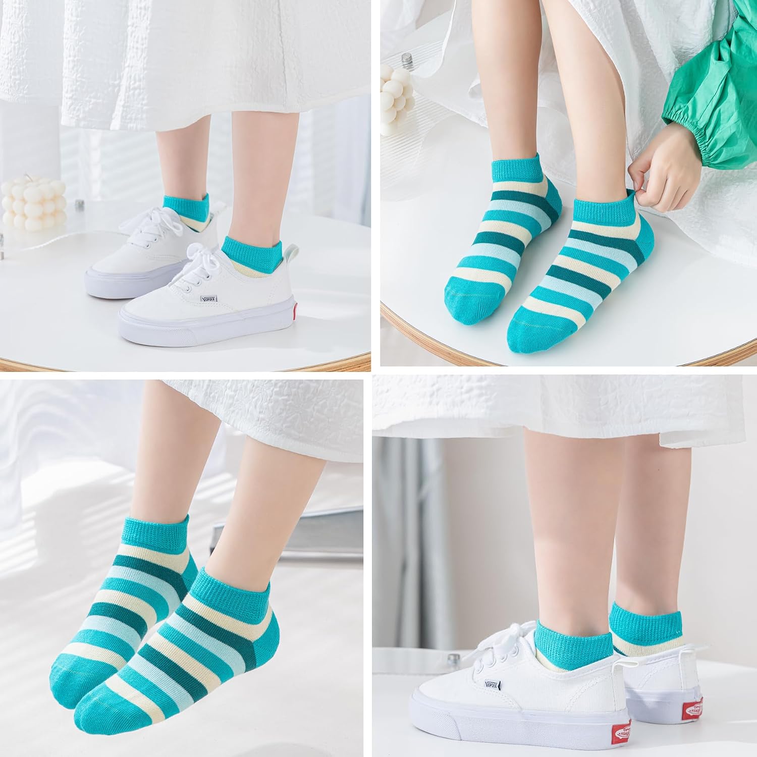 Girls No Show Seamless Socks Rainbow Cotton Stripes Socks Kids Low Cut Athletic Socks For School