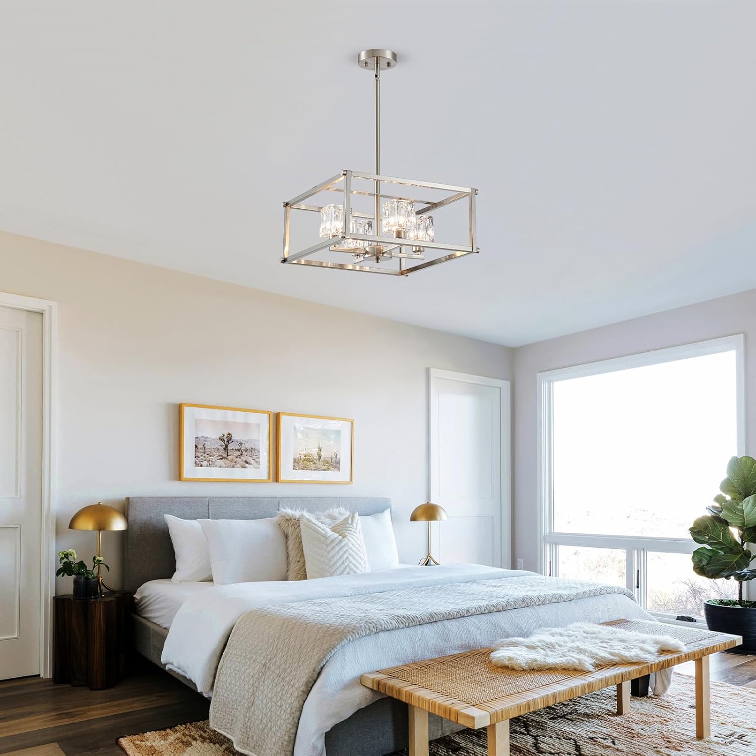 4-Light Farmhouse Chandelier for Dining Room, Modern Brushed Nickel Light Fixture,Pendant Light for Kitchen, Living Room, Hallway, Bedroom, Foyer, Stylish Home Décor