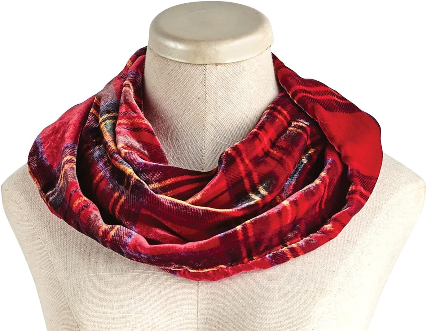 Ladycrow Womens Red Velvet Infinity Scarf, Red Scottish Tartan Plaid, 10" x 20" - Image 2