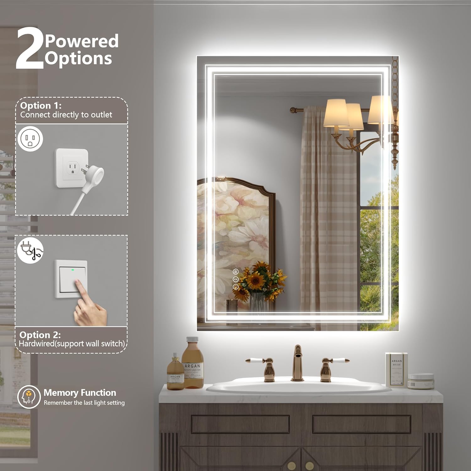 20x28 LED Bathroom Mirror, Vanity Mirror with Lights, Backlit and Front lit Mirror for Wall, Dimmable, Anti-Fog, Shatterpoof, Memory (Horizontal/Vertical)