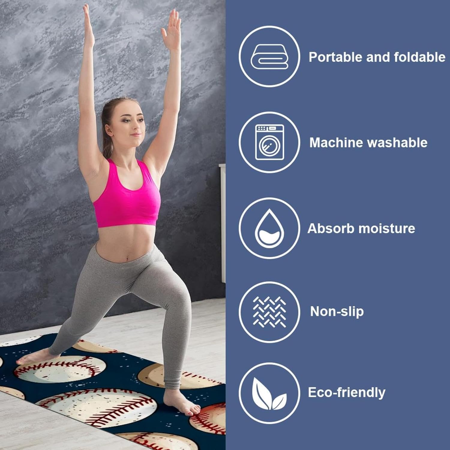 Yoga Towel, Baseball Pattern Non Slip Sweat Absorbent Hot Yoga Mat Towel for Hot Yoga, Pilates and Fitness - 72.8" x 26.8"