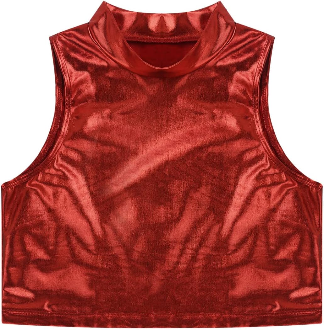 Mufeng Kids Girls Shiny Metallic Gymnastics Crop Tops Dancewear Child Ballet Dance Leotards Tank Tops Activewear