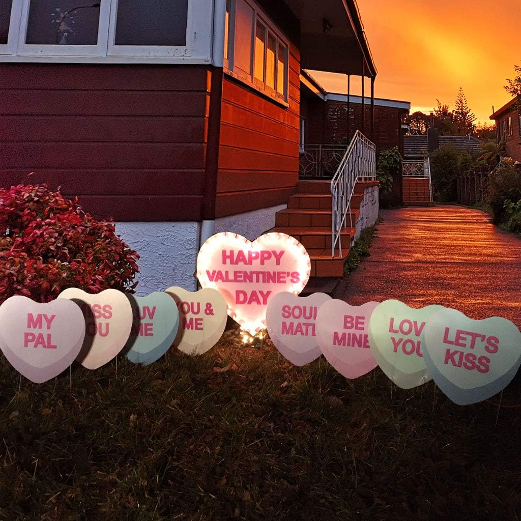 VictoryStore Lighted Candy Valentine Heart Sign and 8 Non-Lighted Candy Hearts 9 Yard Signs with Stakes