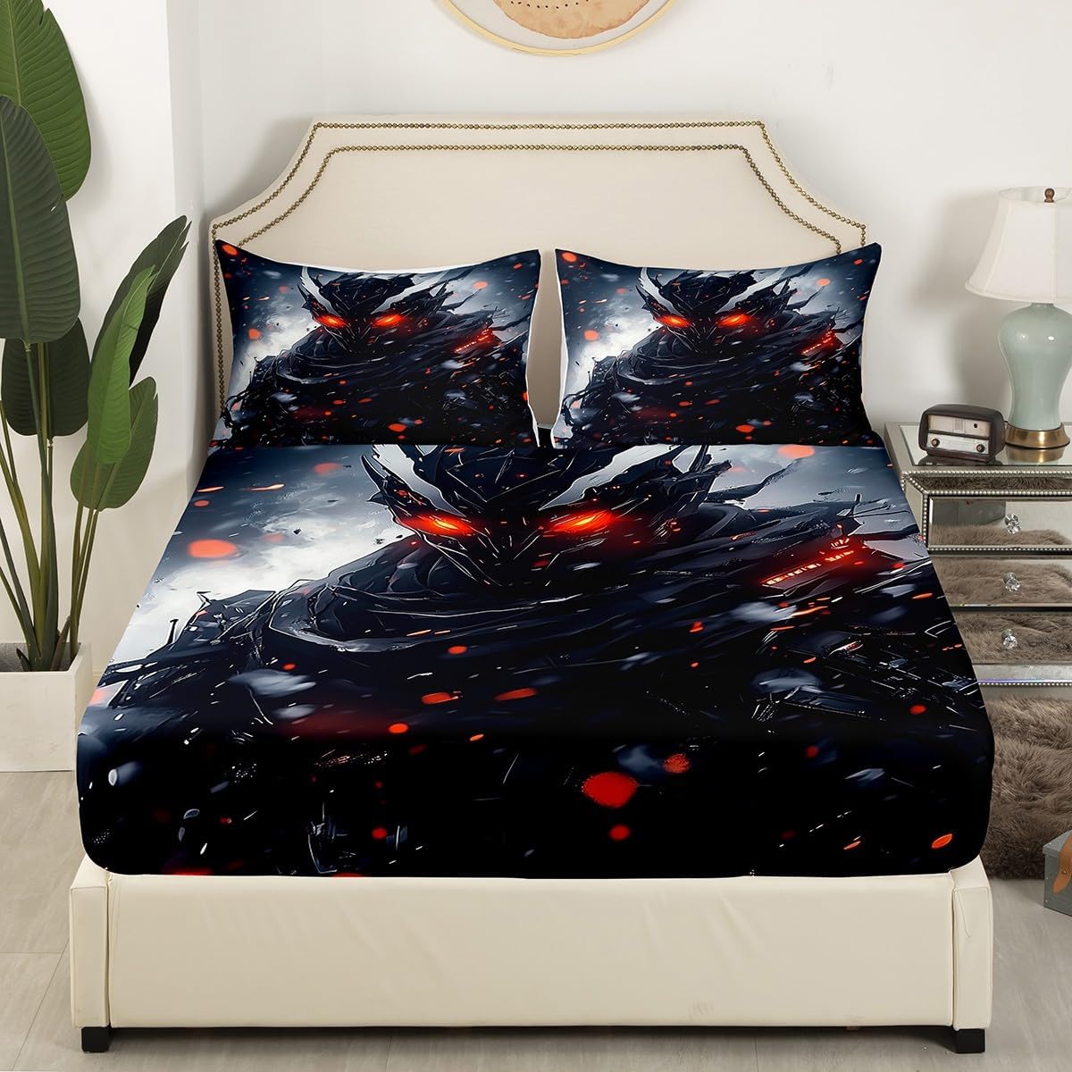 Erosebridal 3D Samurai Full Fitted Sheet for Boys Men Japanese Style Bedding, Black and Grey Bed Sheets Anime Theme Bed Cover, Gray Ombre Tie Dye Watercolor Bed Set (Deep Pocket)