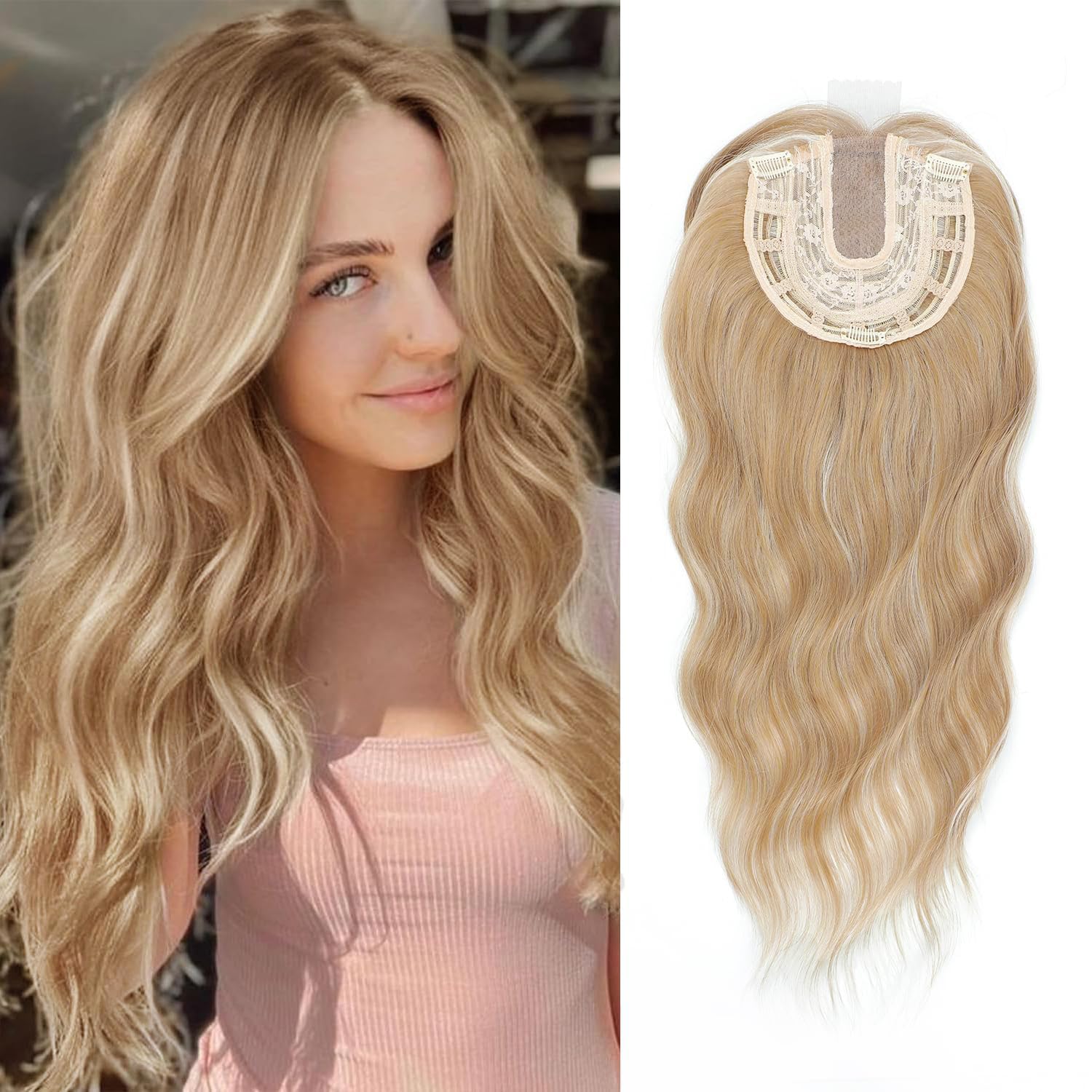 UDU 20" Wavy Ombre Highlight Synthetic Hair Topper for Women with Thinning Hair with Fringe Bang Adds Volume Change Hairstyle