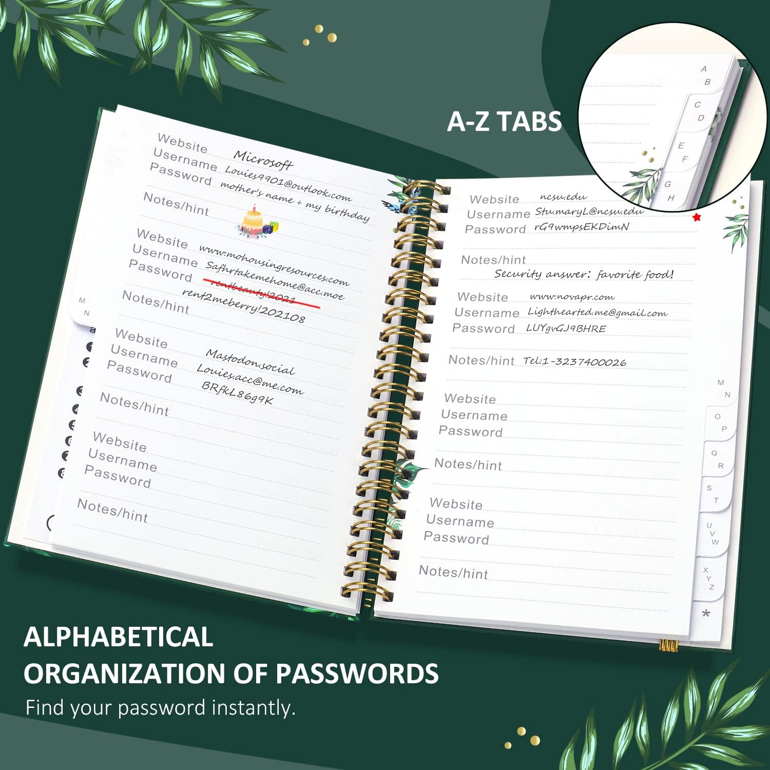 JUBTIC Spiral Password Keeper Book with Alphabetical Tabs - 5.2" x 7.6" Small Password Notebook for Senior - Organize Internet Website Address Login - Deluxe Green