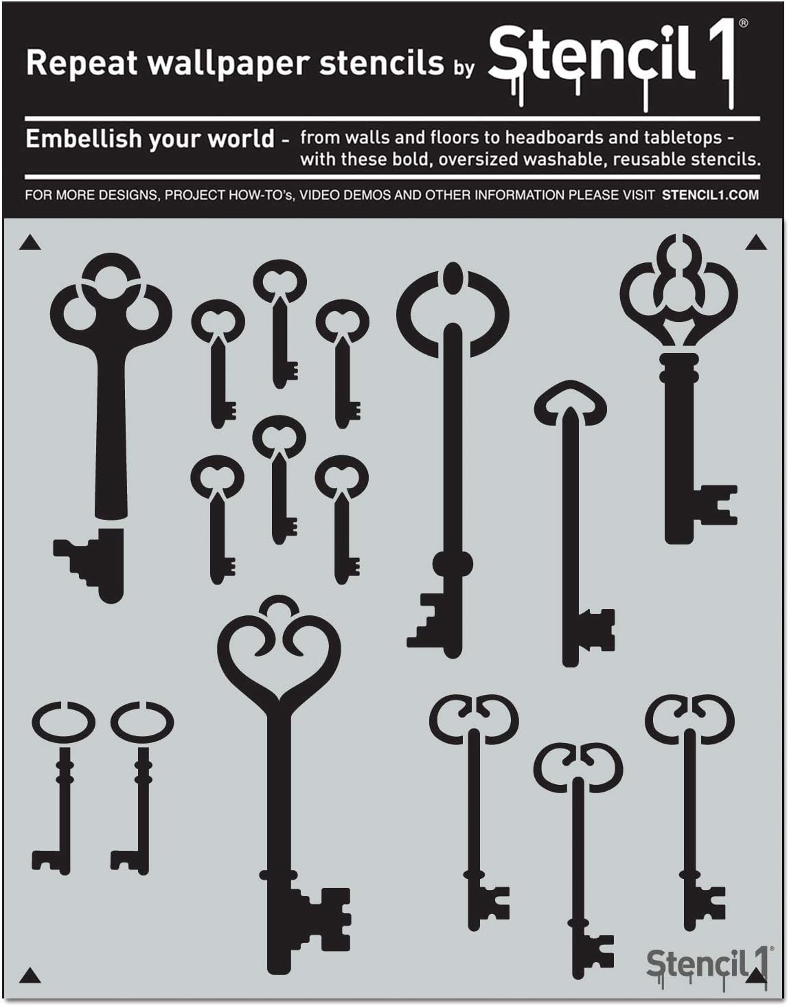 Skeleton Keys Wallpaper Pattern Stencil 11" X 11" - Reusable Premium Quality Mylar Stencils for Painting Walls, Fabric, Furniture, Crafts, Decor - Allover Wallpaper Effects - 11" x 11”