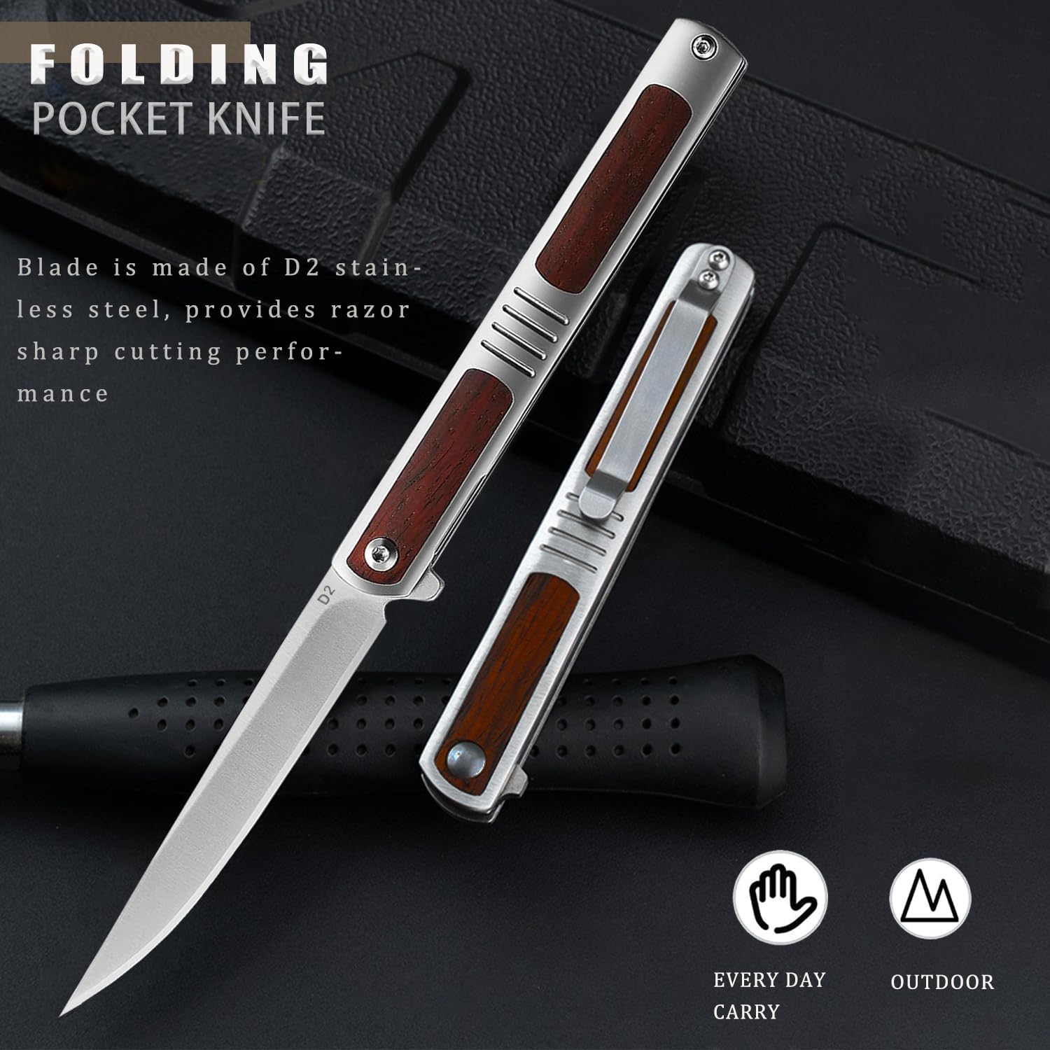 Pocket Knife for Men, Folding Knife with Clip, with D2 Steel Blade, Safety Liner Lock, Sharp Knife for Outdoor Tactical Survival Camping Hunting Fishing, Cool Knifes for Dad